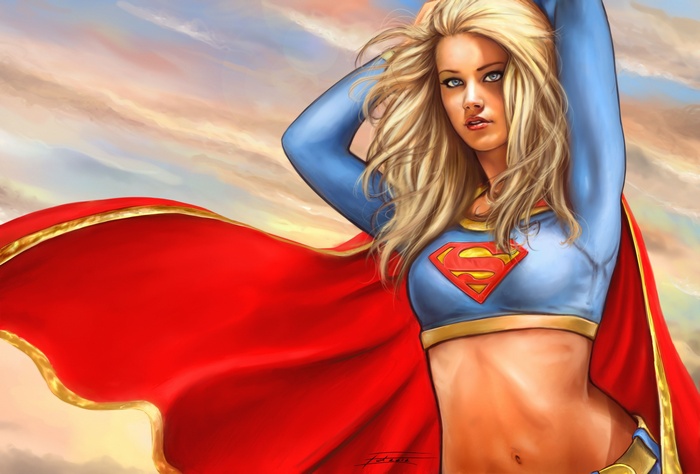 Blonde Supergirl with Flowing Red Cape at Sunset