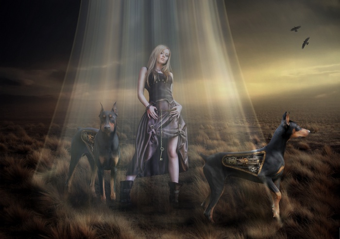 Woman with cyborg Dobermans in a steampunk landscape