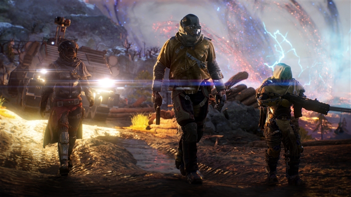 Outriders characters in a post-apocalyptic landscape 4K
