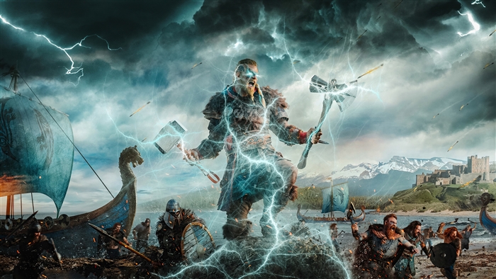 Eivor from Assassin's Creed Valhalla with hammers and lightning 4K