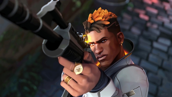 Phoenix from Valorant holding a rifle