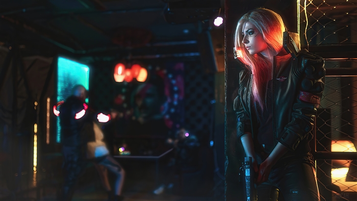 Female character from Cyberpunk 2077 in a club