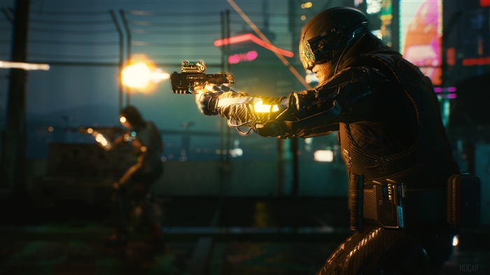 Cyberpunk 2077: Two characters shooting guns in a city