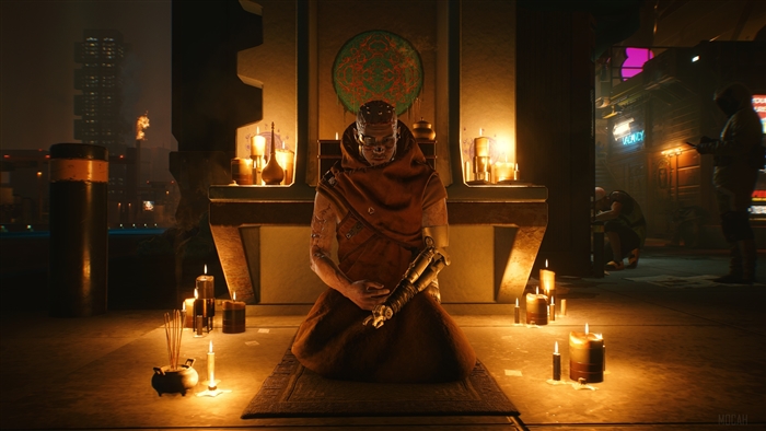 Monk meditating in Cyberpunk 2077 4K