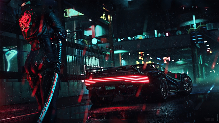 Cyberpunk 2077 Samurai with Katana and Neon Car 4K
