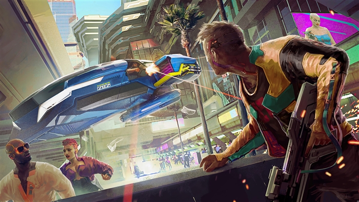 Cyberpunk 2077 characters in a futuristic city shootout