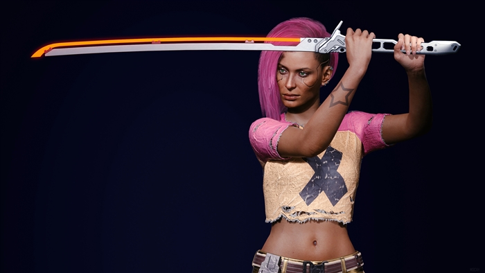 V from Cyberpunk 2077 holding a katana