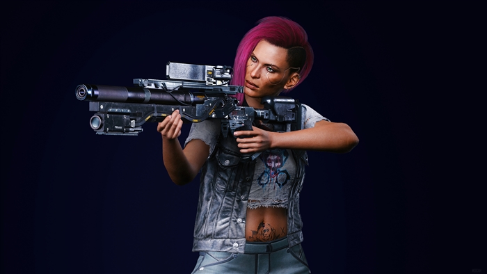 V from Cyberpunk 2077 holding a weapon 4K