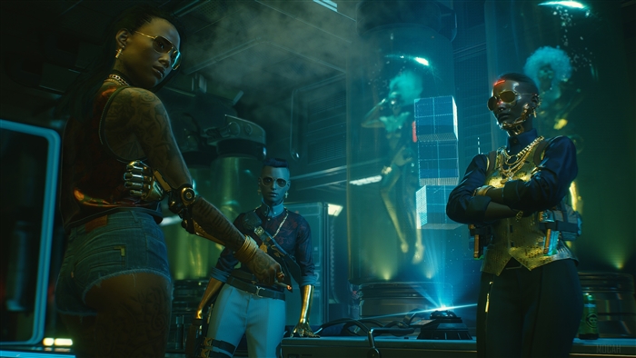 Cyberpunk 2077: Three women in a futuristic laboratory