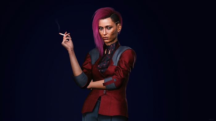 Female V from Cyberpunk 2077 smoking a cigarette