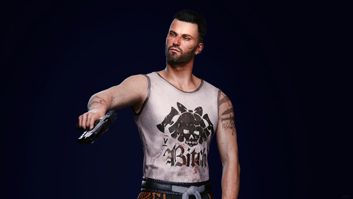 V from Cyberpunk 2077 holding a gun
