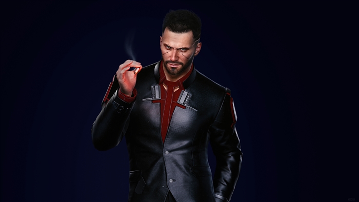 V from Cyberpunk 2077 smoking a cigarette
