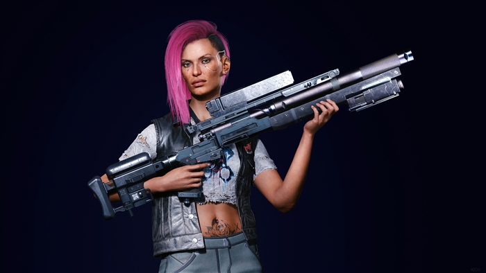 V from Cyberpunk 2077 holding a large rifle