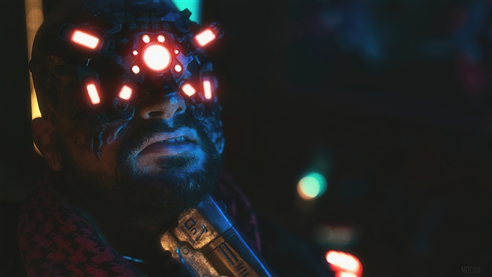 Royce from Cyberpunk 2077 with cybernetic eye implants