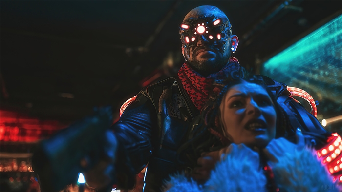 Royce from Cyberpunk 2077 holding a woman hostage