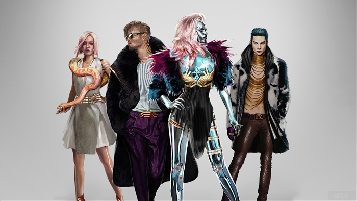 Four stylish characters from Cyberpunk 2077 concept art