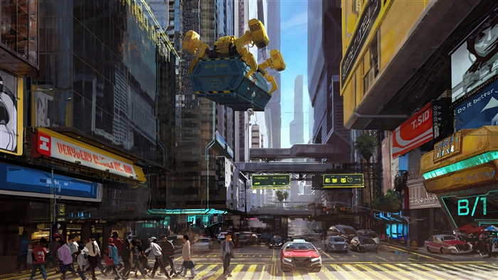 Cyberpunk 2077 City Street with Flying Drone 4K