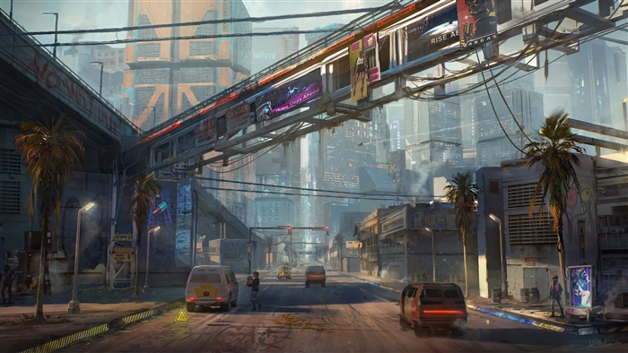 Cyberpunk 2077 concept art of a futuristic city street