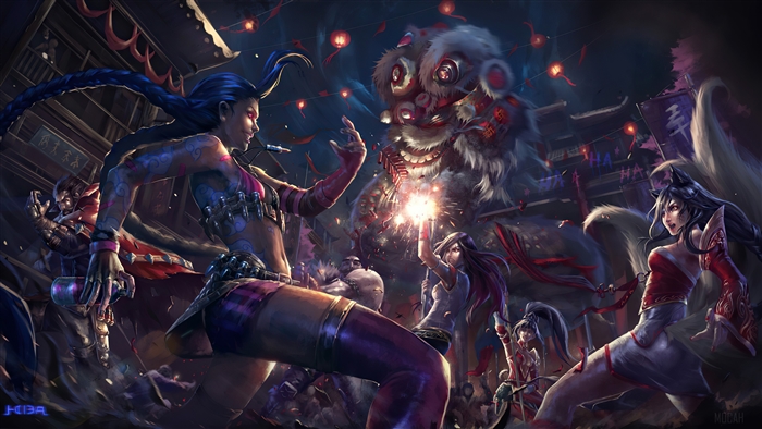 Jinx and Ahri from League of Legends during a festival