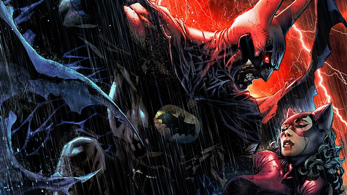 Batman and Catwoman in a Stormy Confrontation 4K