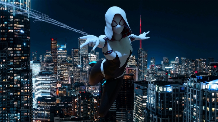 Spider-Gwen from Marvel Comics swinging through a city at night