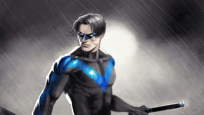 Nightwing from DC Comics in the rain 4K