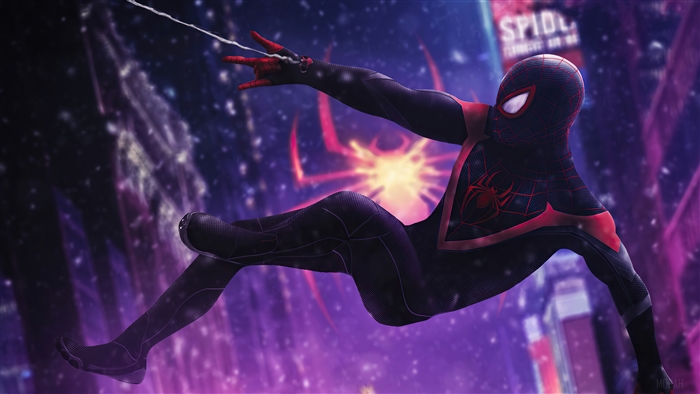 Miles Morales Spider-Man Swinging in Neon City 4K