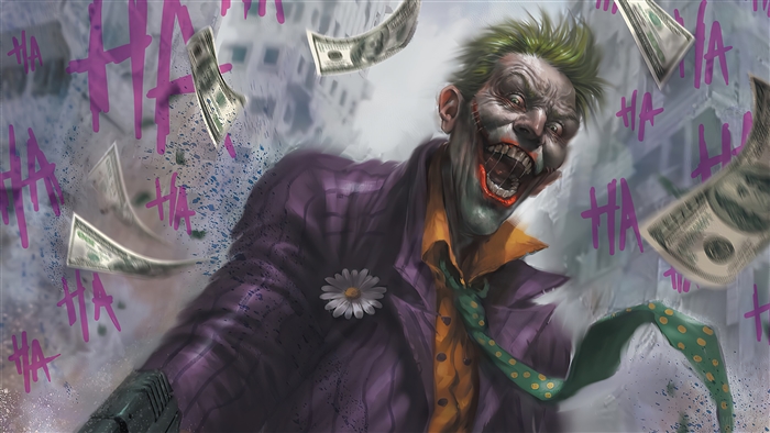 The Joker from DC Comics laughing with money