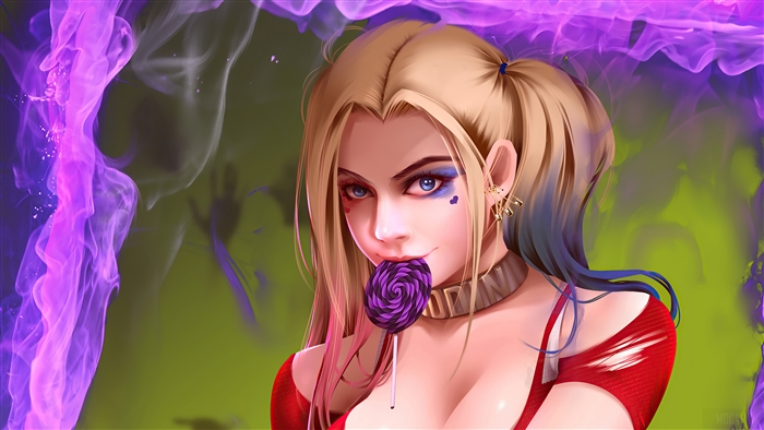 Harley Quinn from DC Comics with a lollipop