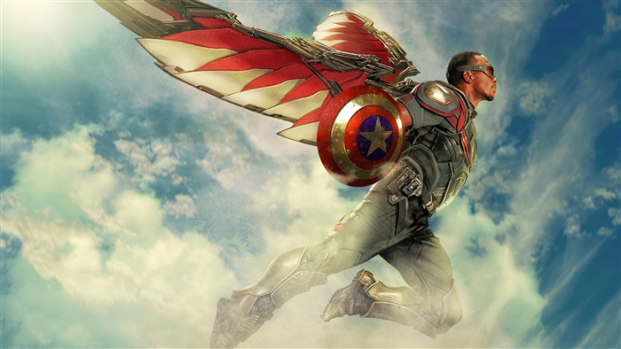 Falcon from Marvel Comics flying with Captain America's shield