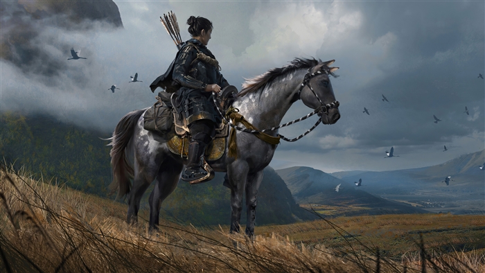 Jin Sakai from Ghost of Tsushima on horseback