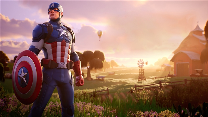 Captain America from Fortnite in a farm field