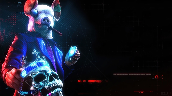 Pig Mask Man from Watch Dogs Legion holding a skull