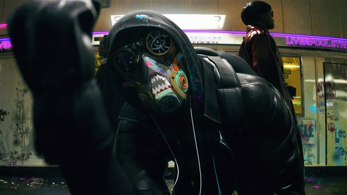 Watch Dogs Legion character with decorated gas mask