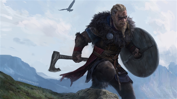 Eivor from Assassin's Creed Valhalla with Axe and Shield