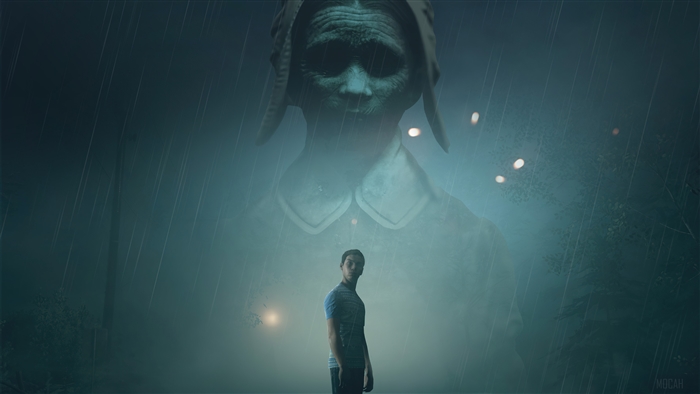 Man in front of a giant ghostly figure in The Dark Pictures Anthology: Little Hope 4K