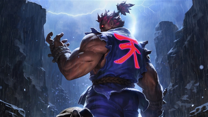 Akuma from Street Fighter in the rain with lightning