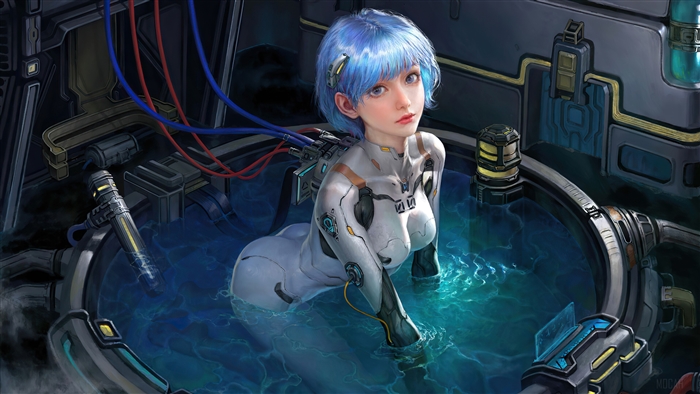 Rei Ayanami from Evangelion in Futuristic Bath 4K