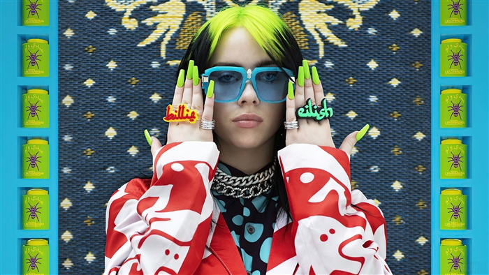 Billie Eilish in Neon Hair and Blue Glasses 4K