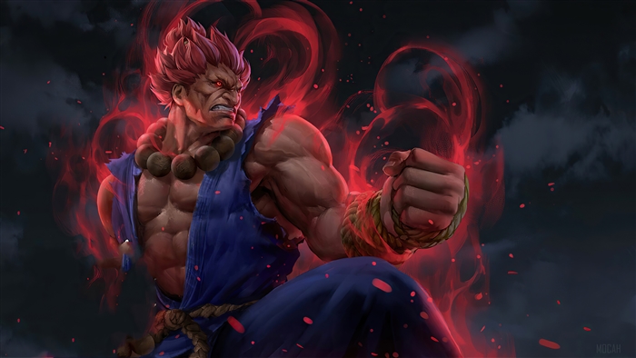 Akuma from Street Fighter Powered Up in Red Aura 4K