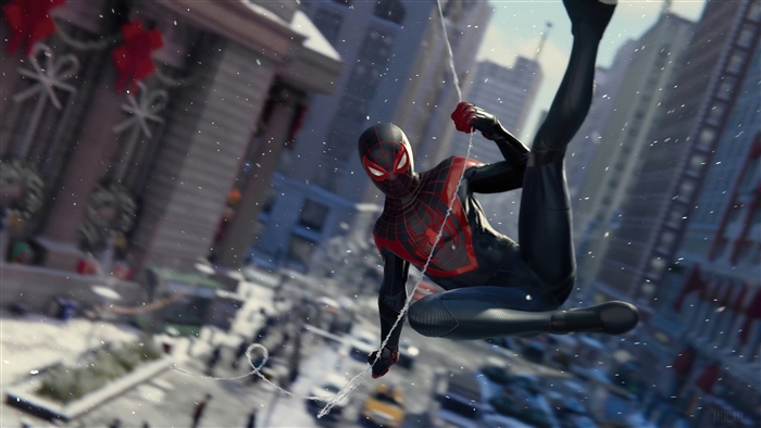 Marvel's Spider-Man: Miles Morales web swinging in snow 4K
