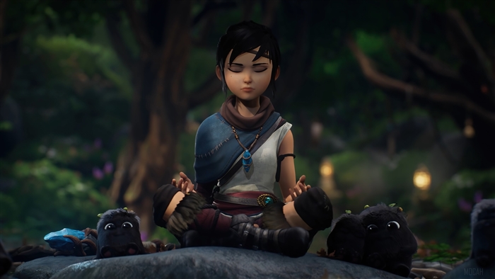 Kena from Kena: Bridge of Spirits meditating with Rot