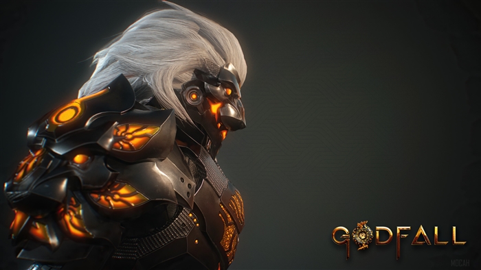 Godfall character with lion-like armor and white hair