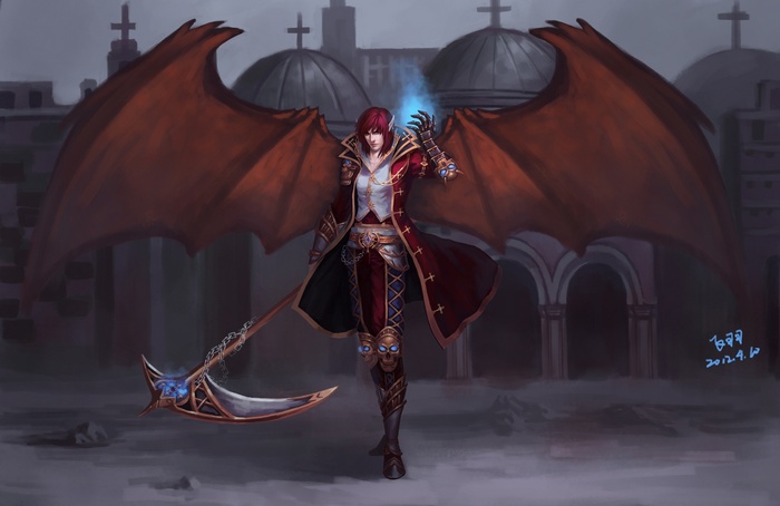 Fantasy demon with scythe and wings in a city