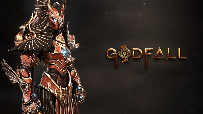 Godfall video game logo with armored character