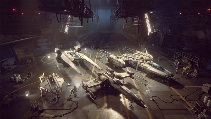 Star Wars Squadrons hangar with starships