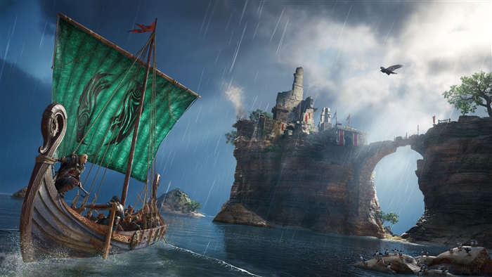Assassin's Creed Valhalla Viking longship sailing near a cliffside fortress