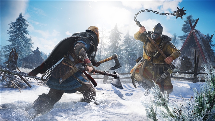 Eivor from Assassins Creed Valhalla fighting in a snowy landscape