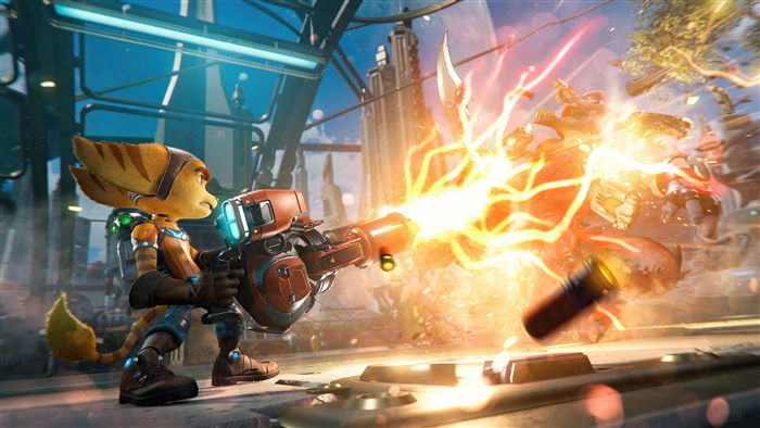 Ratchet from Ratchet & Clank: Rift Apart firing weapon
