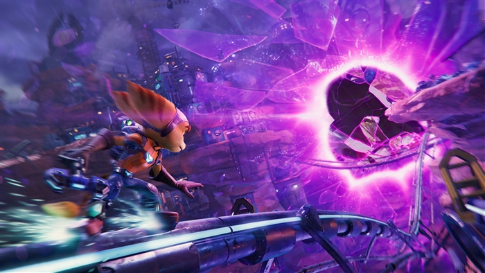 Ratchet from Ratchet & Clank: Rift Apart on a rail